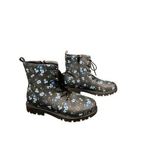 Boho Retro Women Boots Blue Flower Black Shoes, Rock Zip Up Size 6